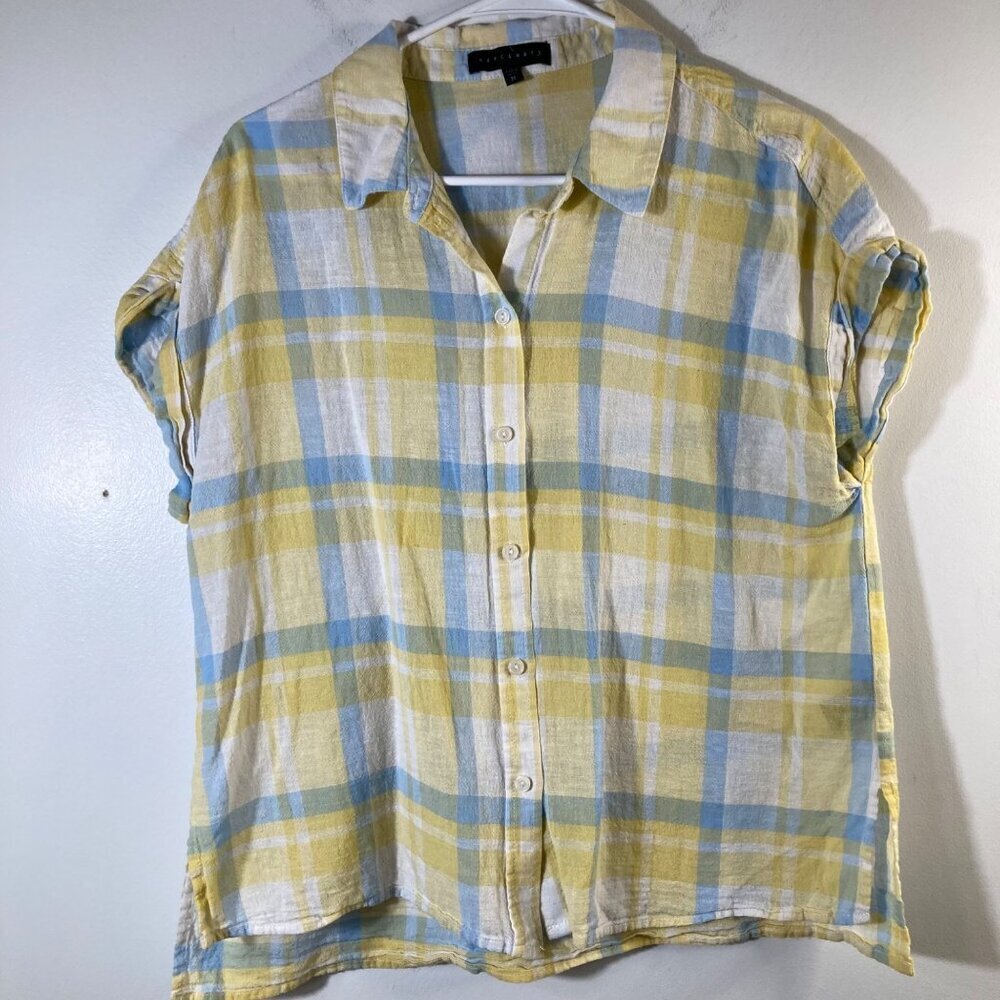 Womens Sanctuary Plaid Linen Blend Shirt M Blue Yellow M Button Shrug Sleeve‎